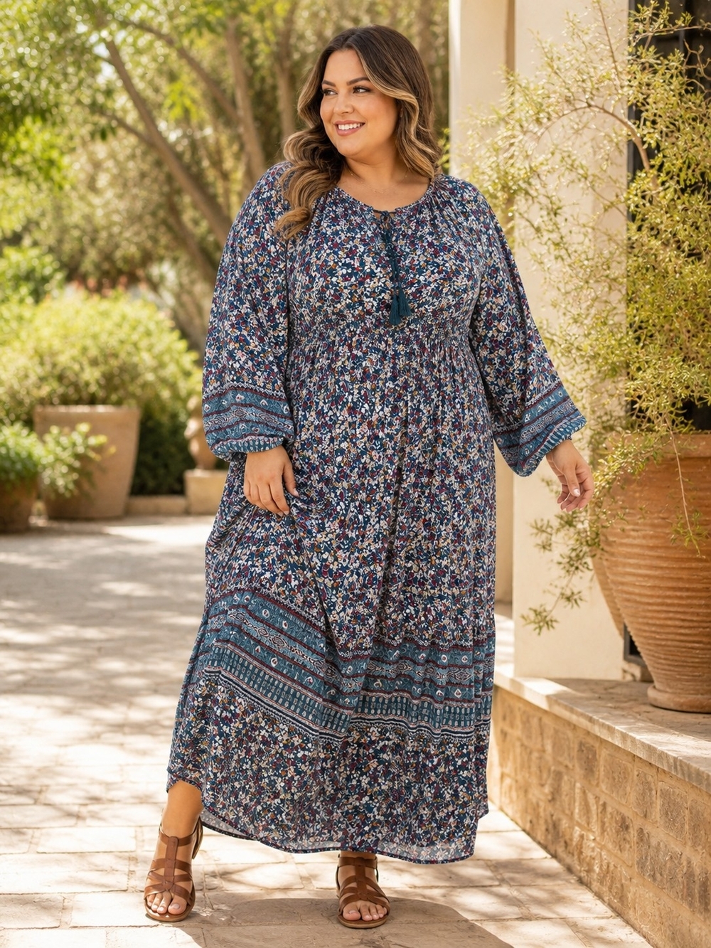 Boho Floral Maxi Dress Blue Long Sleeve Flowy Cinched Waist